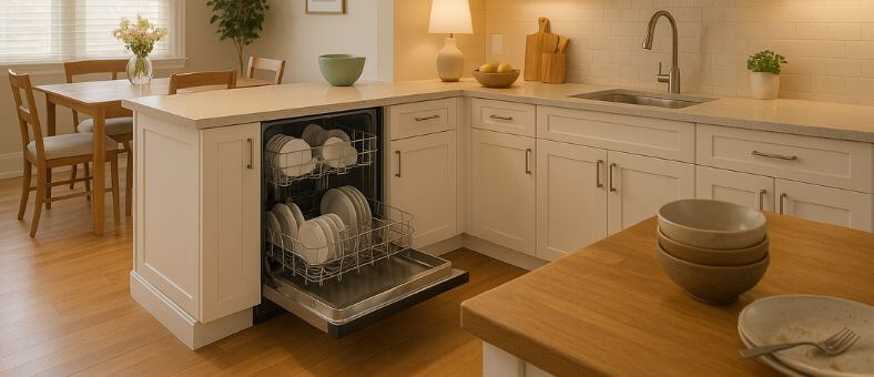 Family-friendly kitchen with a built-in dishwasher open and loaded, clean countertops, and a cozy dining area, illustrating the everyday benefits of a built-in dishwasher in a home setting.