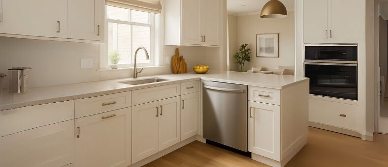Open-concept kitchen with a built-in dishwasher integrated into cabinetry, showing the lifestyle appeal and benefits of a built-in dishwasher in modern home design.