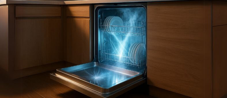 A built-in dishwasher mid-cycle with steam and glowing water jets inside, visually answering how does a built-in dishwasher work in a modern kitchen setting.