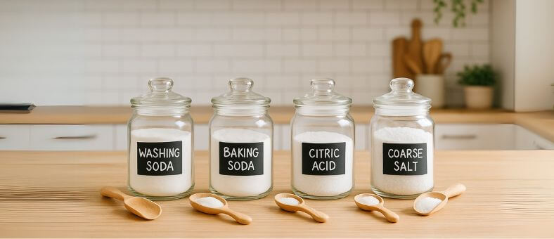 Four labeled glass jars filled with ingredients for homemade dishwasher detergent—washing soda, baking soda, citric acid, and coarse salt—lined up on a kitchen counter with wooden scoops and a modern kitchen in the background.