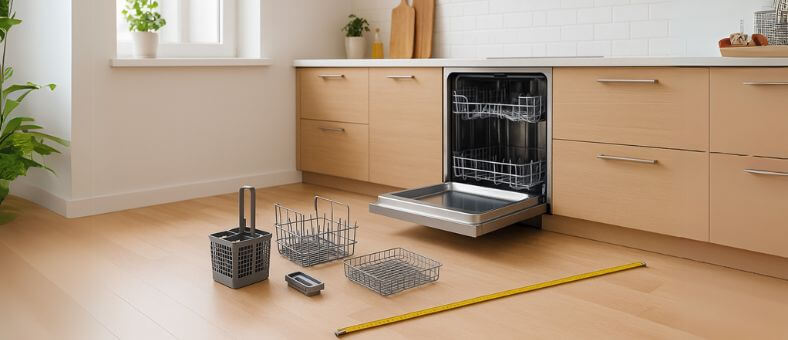 Bright kitchen with a built-in dishwasher open, surrounded by dishwasher accessories and a tape measure on the floor, illustrating key steps in selecting a built-in dishwasher.