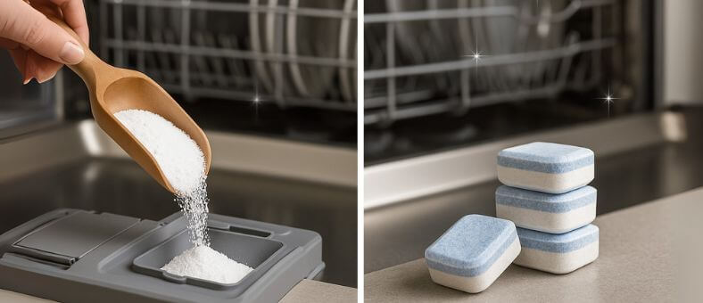Side-by-side kitchen comparison of Powdered Dishwasher Detergent Vs. Detergent Tablets showing powder scooped into a dispenser and tablets stacked neatly with sparkling dishes in the background.