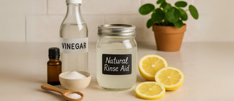 Natural rinse aid ingredients including vinegar, lemon slices, citric acid, essential oil, and a labeled mason jar on a kitchen countertop.