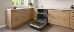 Open and empty built-in dishwasher in a bright, clean kitchen, ideal for a guide on The Easiest Way to Clean a Dishwasher.
