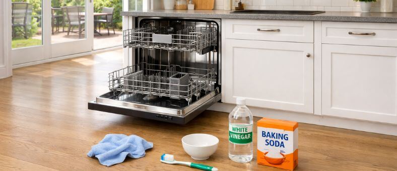 The Easiest Way to Clean a Dishwasher The Easiest Way to Clean a Dishwasher shown in a bright kitchen with an open built-in dishwasher and simple cleaning supplies like white vinegar, baking soda, a sponge, and a toothbrush placed on the floor nearby.