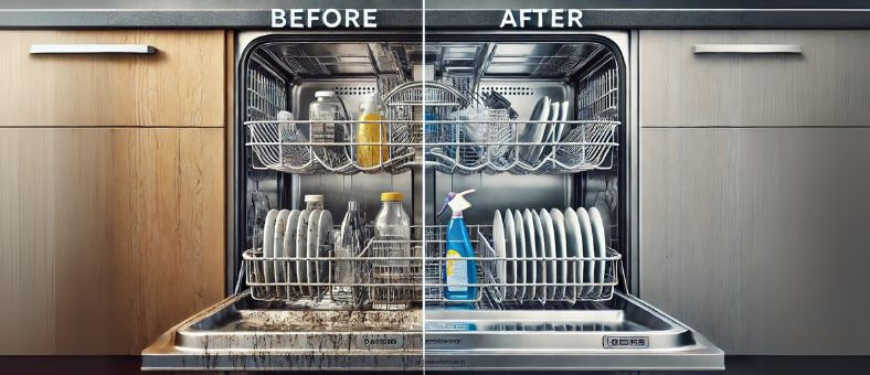 Split-screen showing the inside of a dishwasher before and after cleaning, with visible grease and food debris on the left and a sparkling clean interior on the right. It is a featured image for the topic The Easiest Way to Clean a Dishwasher with Vinegar and Baking Soda.