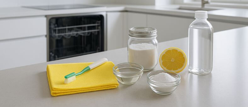 Cleaning tools and ingredients neatly arranged on a countertop with an open built-in dishwasher in a bright, modern kitchen.
