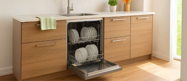 What is a Built-in Dishwasher_ Facts You Must Know! Wide-angle view of a modern kitchen with a built-in dishwasher under the counter, door slightly open to show clean dishes, illustrating what is a built-in dishwasher in a seamless home setting.