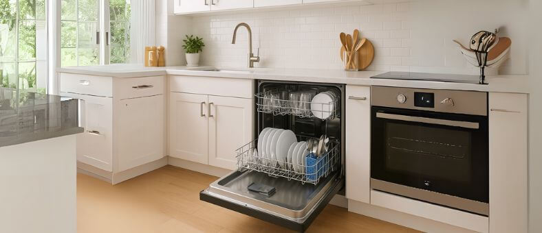 Modern kitchen with an open dishwasher filled with sparkling clean dishes, illustrating What is a Dishwasher and how it simplifies kitchen cleanup.