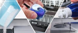 Showcasing dishwasher detergent options: tablets, gel, and powder depicting the topic what is the best dishwasher detergent