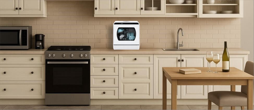 A kitchen image with Hermitlux HMX-TDJ03 dishwasher on the top of the kitchen counter, which is 3'0" from the floor. A man of 5'10" height and a woman of 5'5" height are present in the kitchen. Hermitlux HMX-TDJ03 dishwasher height and width are also mentioned.