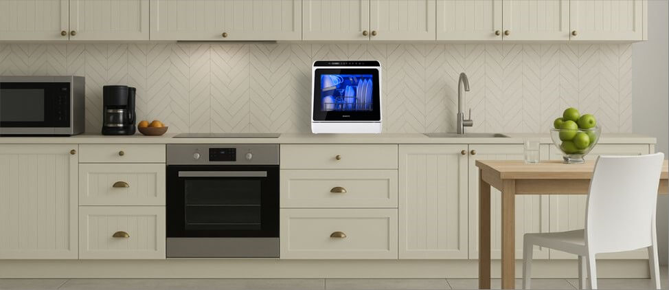 A kitchen image with NOVETE TDQR01 dishwasher on the top of the kitchen counter, which is 3'0" from the floor. A man of 5'10" height and a woman of 5'5" height are present in the kitchen. NOVETE TDQR01 dishwasher height and width are also mentioned.