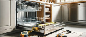 Open and empty dishwasher in a modern kitchen being measured with a tape, visually representing a homeowner choosing the right dishwasher size before installation.