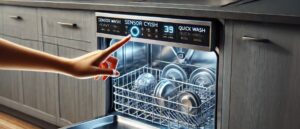 A hand selecting a cycle on a modern dishwasher’s illuminated touch-sensitive control panel, highlighting options like Sensor Wash, Heavy Cycle, Quick Wash, and Sanitize in a sleek kitchen setting, emphasizing the importance of understanding Dishwasher Cycles and Settings for optimal performance.