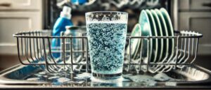 A close-up of a glass covered in hard water stains, with a dishwasher interior in the background, illustrating Dishwasher Problems Caused by Hard Water and why detergent struggles in mineral-rich water.