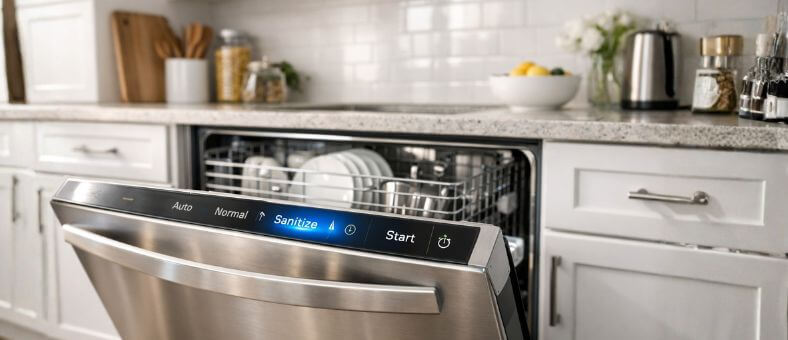 Open built-in dishwasher in a bright kitchen, showing clean dishes inside and a control panel with the sanitize cycle selected.