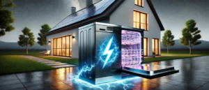 A modern dishwasher with a glowing energy symbol, surrounded by electric currents, standing in front of a solar-powered house at night. The image visually represents how much electricity does a dishwasher use, highlighting energy efficiency and sustainable home solutions.