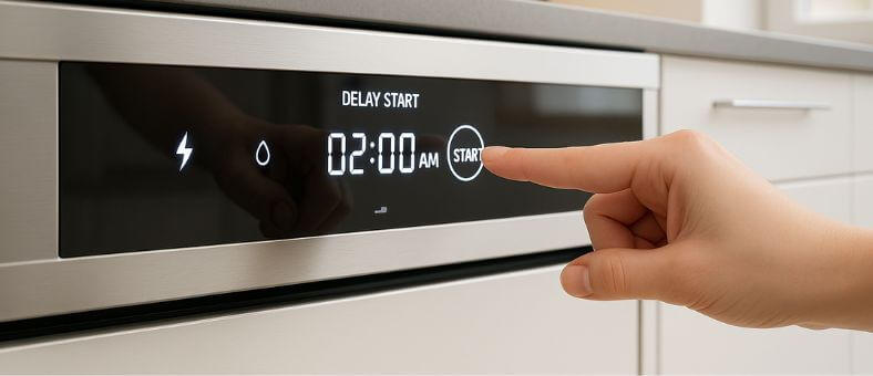 Close-up of a hand pressing the delay-start feature on a modern dishwasher for energy efficiency