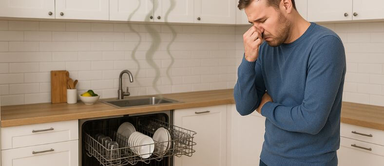 How to Clean a Smelly Dishwasher A man is squishing his nose because of the smell in the kitchen depicting the condition of pondering on how to clean a smelly dishwasher.