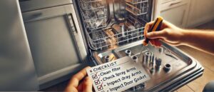 Close-up of a hand using a screwdriver to repair an open dishwasher panel, with a checklist overlay showing common DIY troubleshooting steps on how to fix a dishwasher.