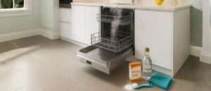 A clean open dishwasher with steam rising, baking soda, vinegar, cloth, and brush nearby — showing eco-friendly steps for How to Remove and Prevent Mold in Your Dishwasher.