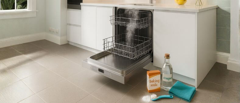 A clean open dishwasher with steam rising, baking soda, vinegar, cloth, and brush nearby — showing eco-friendly steps for How to Remove and Prevent Mold in Your Dishwasher.