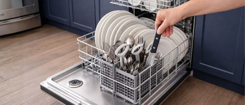 Open dishwasher in a modern kitchen showing knives placed properly in the cutlery basket, illustrating The Dishwasher's Impact on Knives during regular cleaning cycles.