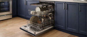 Modern kitchen with a built-in dishwasher loaded with clean dishes, demonstrating the Sanitization Function in Dishwashers for a hygienic and safe cleaning cycle.