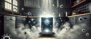 Glowing dishwasher pushing back invisible germs in a dark kitchen — The Sanitization Function in Dishwashers