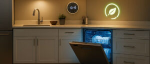 What Is The Best Time Of Day To Run Your Dishwasher shown with a modern kitchen at night, dishwasher glowing blue, and energy saving icon symbolizing off peak usage benefits.