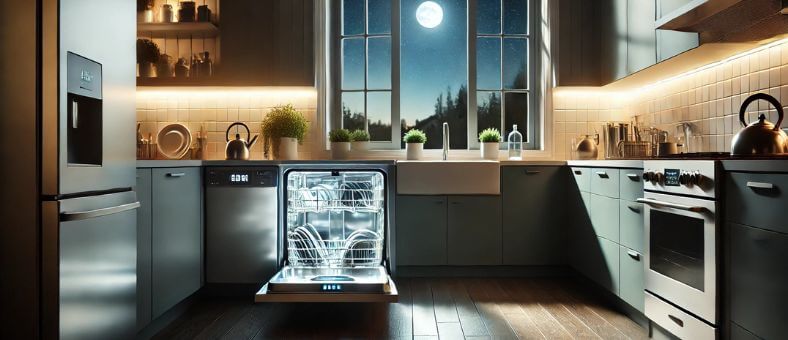 Modern kitchen at night with a running dishwasher, visually representing the concept of what is the best time of day to run your dishwasher for energy efficiency and cost savings.
