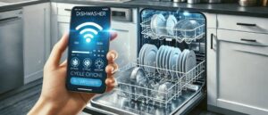 Visual representation of what is a smart dishwasher: an open unit operated via a smartphone connected to Wi-Fi.