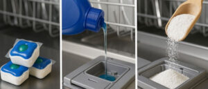Showcasing dishwasher detergent options: tablets, gel, and powder depicting the topic what is the best dishwasher detergent