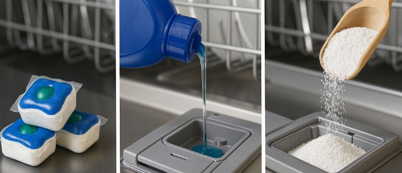 Showcasing dishwasher detergent options: tablets, gel, and powder depicting the topic what is the best dishwasher detergent