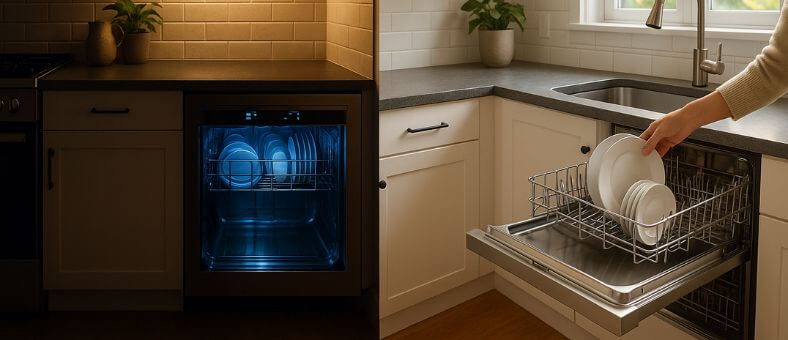 Image of open dishwasher at night and in the morning depicting the topic "Night Owls vs. Early Birds: What’s Best for Your Dishwasher?"