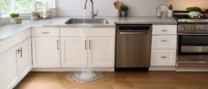 Modern kitchen with a stainless steel sink overflowing onto the floor beside a running dishwasher with lights on, illustrating why does the sink fill up when running the dishwasher.