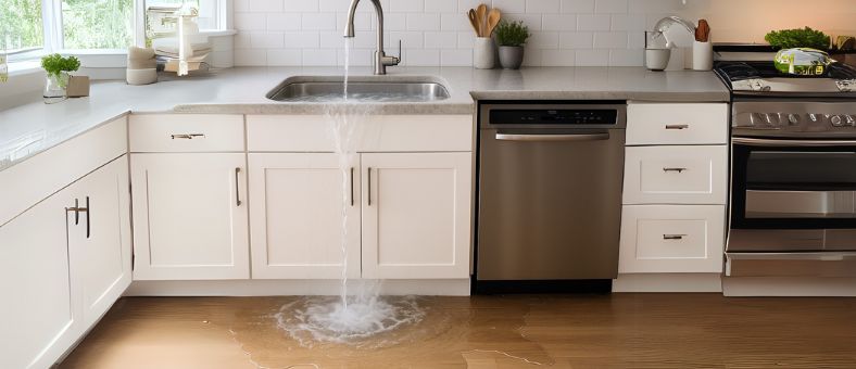 Modern kitchen with a stainless steel sink overflowing onto the floor beside a running dishwasher with lights on, illustrating why does the sink fill up when running the dishwasher.