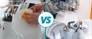 Dishwasher vs Hand Washing: Side-by-side comparison of a dishwasher and washing dishes by hand.