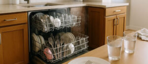 Open dishwasher mid-cycle with steam rising and dishes loaded inside a cozy kitchen, illustrating scenarios related to 18 Common Dishwasher Mistakes like overloading or improper utensil placement.