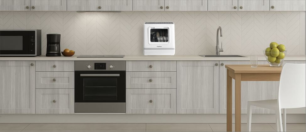 An informative graphic comparing the ChuMaste CM-XWJ01 dishwasher's size to common kitchen counters and human height references. This visual aid provides a clear sense of scale, highlighting its compact footprint and suitability for tight kitchen spaces.