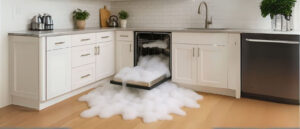 Bright kitchen with white cabinets and light wood flooring showing a dishwasher overflowing with soap suds, illustrating what happens when you accidentally put dish soap in the dishwasher.