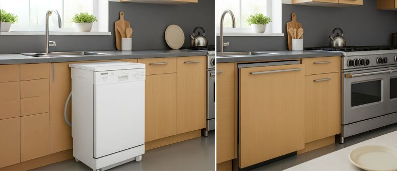 Side-by-side comparison of a portable dishwasher with faucet hose and a built-in dishwasher integrated into modern kitchen cabinetry.
