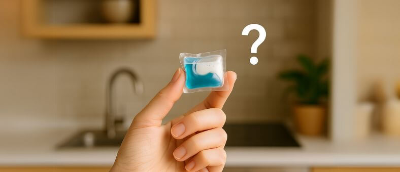 Hand holding a dishwasher pod with a question mark icon, highlighting the question are pods truly plastic-free in an eco-friendly kitchen setting.
