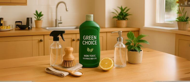 Eco-friendly kitchen countertop with non-toxic dishwasher gel, bamboo dish brush, lemon, glass spray bottle, and plants, promoting benefits of switching to non-toxic dishwasher detergents.