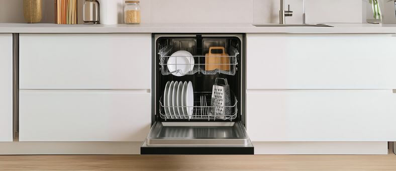 Built-in dishwasher with clean plates, grater, and cutting board inside a modern minimalist kitchen.