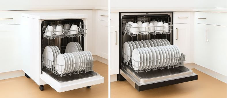 Split-screen image showing a portable dishwasher with wheels on the left and a built-in stainless steel dishwasher on the right, both loaded with white dishes in a bright modern kitchen.