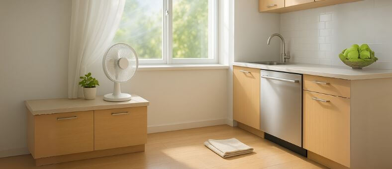 Modern kitchen with an open window, a fan on the counter, and a clean dry floor symbolizing ventilation after soap overflow cleanup.