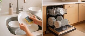 Split image comparing Dishwasher vs Hand Washing; left side shows a person scrubbing dishes in a sink with soap and water, right side displays clean dishes steaming inside an open dishwasher in a modern kitchen.