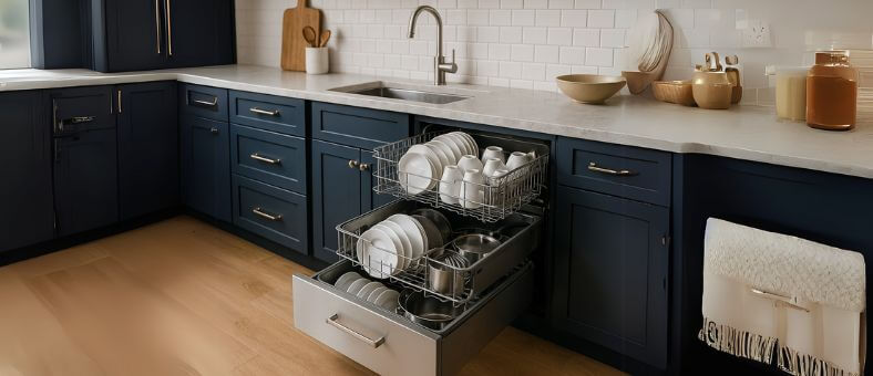 Depicting a drawer dishwasher with open drawers, filled with a variety of dishes.