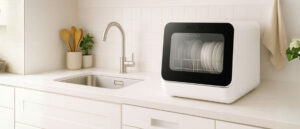 Countertop dishwasher placed near a kitchen sink illustrating How Do Countertop Dishwashers Work